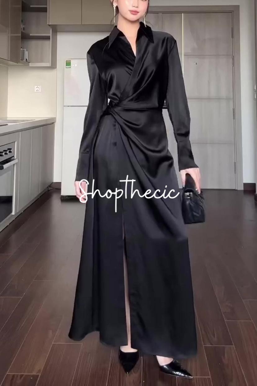 V-neck slim-fit solid color high-waisted shirt dress