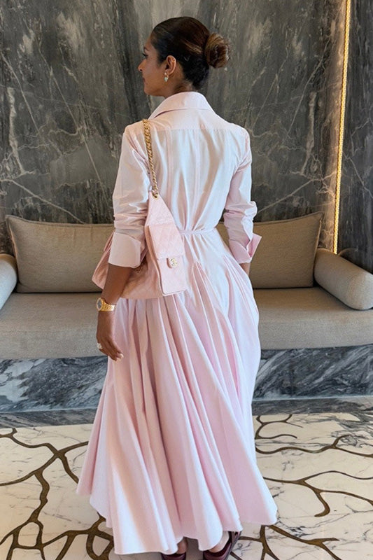 Light pink blouse and long skirt two-piece suit