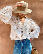 Cotton embroidered collarless cutout white shirt