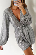 Long Sleeve Sequin Belted Romper