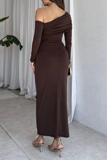 Long-sleeved slant collar lace exposed backpack hip slim dress