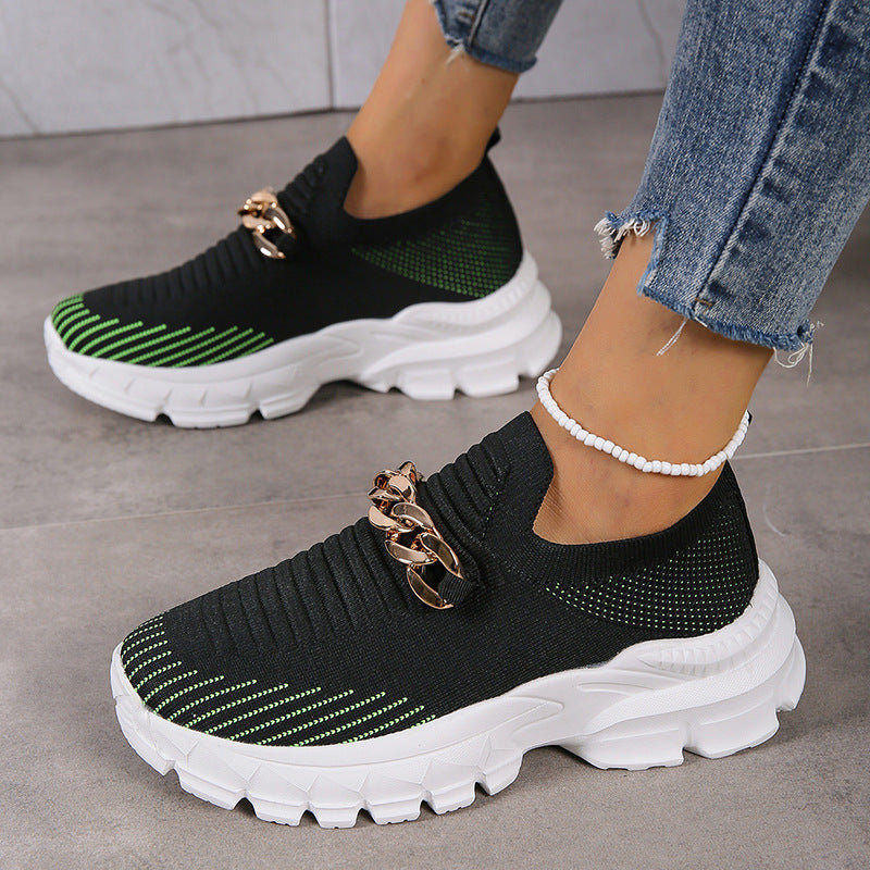 Metal chain thick breathable fly knit sneakers