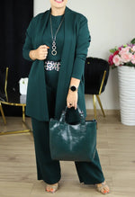 Solid color crew neck short-sleeved shirt, trousers and mid-length coat three-piece set