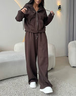 Zippered hooded sweatshirt and lace-up trousers two-piece set