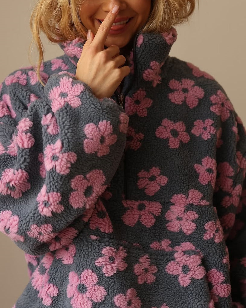 Faux Sherpa Print Kangaroo Pocket Loose Zip Top