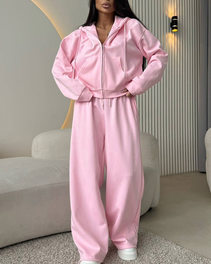 Zippered hooded sweatshirt and lace-up trousers two-piece set