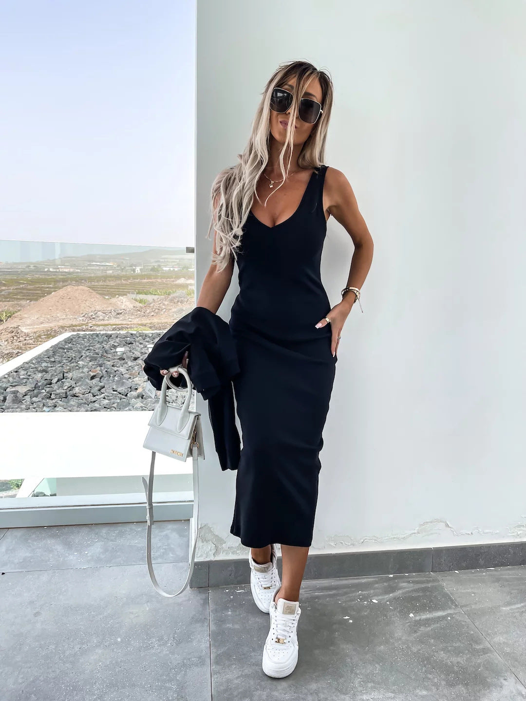 Solid Color V-Neck Long Sleeve Sweatshirt Suspender Slim Maxi Dress Two Piece Set