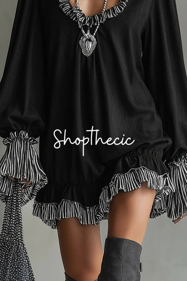 Patchwork pleated cuffs black loose-fitting dress
