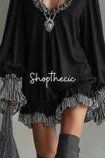 Patchwork pleated cuffs black loose-fitting dress