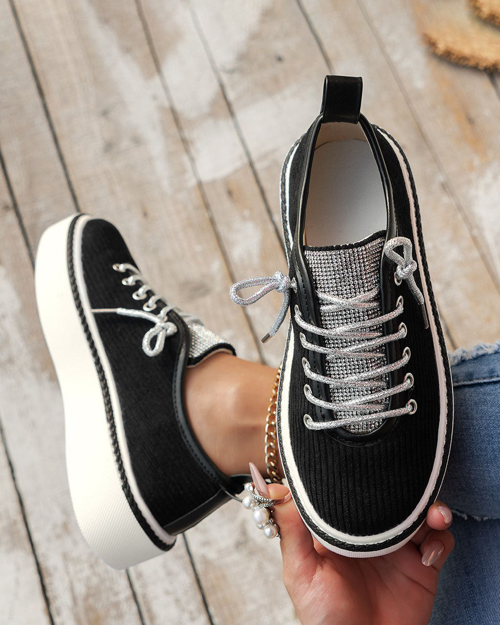 Shimmering Silver Lace-up Tongue Textile Athletic Shoes