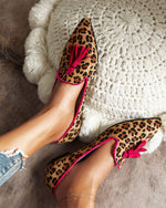 Pointed-toe Fringe Leopard Contrast Mules