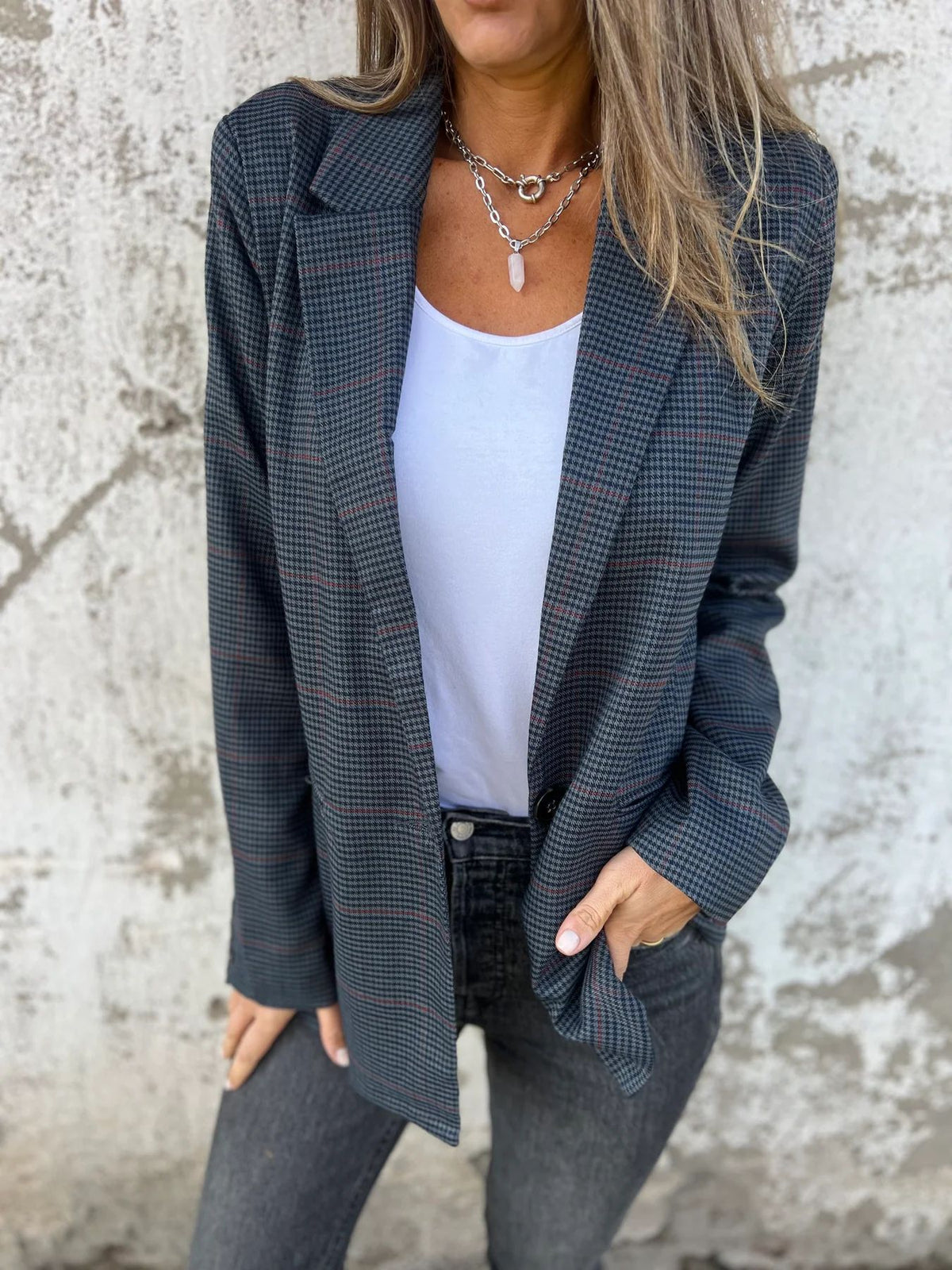 Blazer mit Hahnentrittmuster und einem Knopf und Tasche