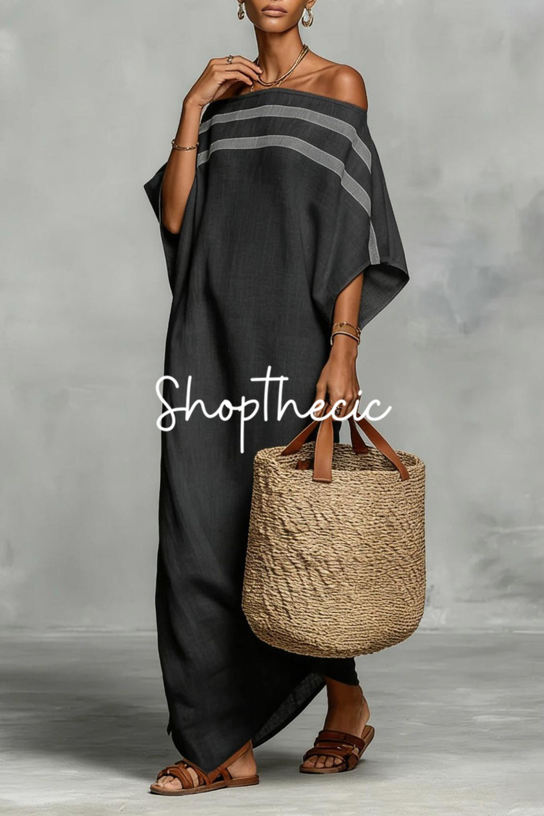Loose-fitting striped off-shoulder batwing sleeve resort maxi dress