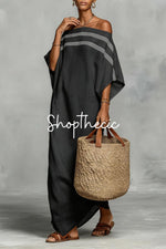 Loose-fitting striped off-shoulder batwing sleeve resort maxi dress