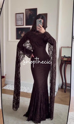 Abito lungo aderente con scialle in pizzo marrone Eroded Glamour