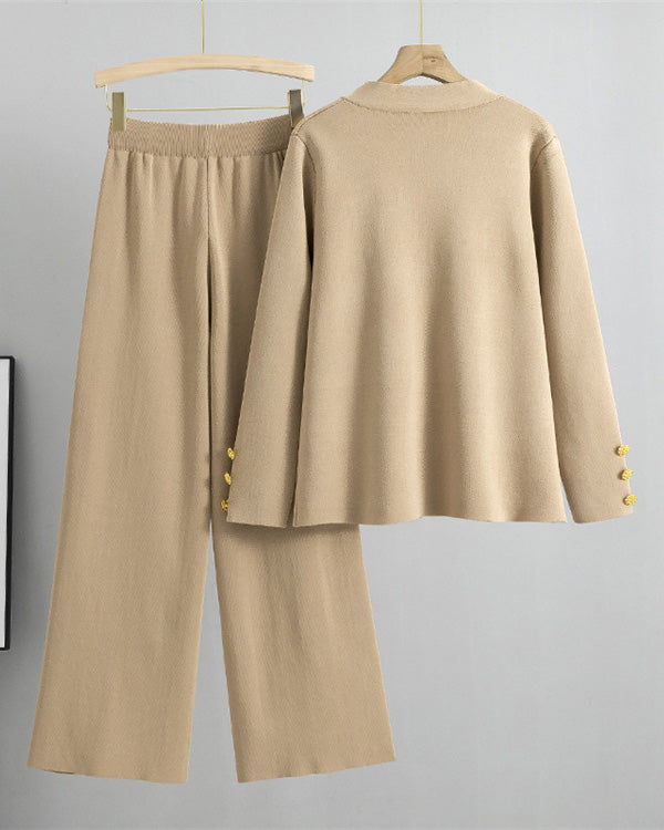 Chic gold large button knitted sweater and wide-leg pants two-piece suit
