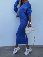 Solid Color V-Neck Long Sleeve Sweatshirt Suspender Slim Maxi Dress Two Piece Set