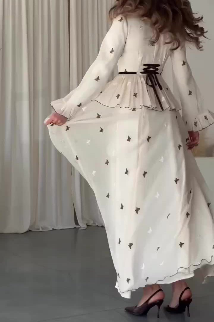White long-sleeved chiffon butterfly embroidery dress