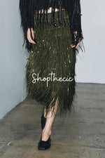 Tassel cuffs Shirt and sequined tassel skirt Two-piece set