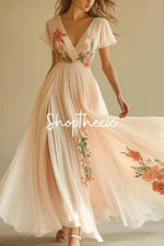 Pink V-neck short-sleeved mesh printed maxi dress