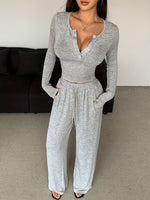 V-neck button Long-sleeved T-shirt and Wide-leg Pants Suit