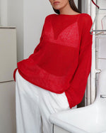 See-through thin scoop neck flared sleeve knitted T-shirt