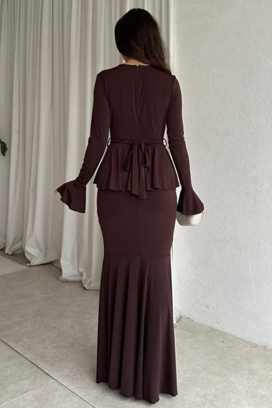 Solid color long-sleeved V-neck lace strappy hip Maxi dress