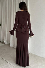 Solid color long-sleeved V-neck lace strappy hip Maxi dress