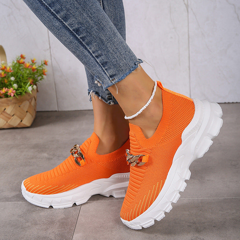 Metal chain thick breathable fly knit sneakers