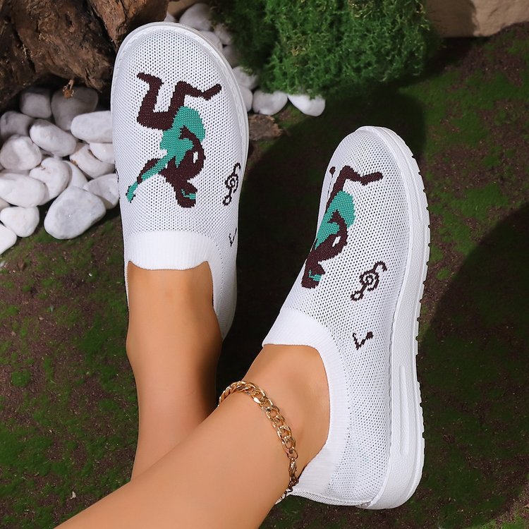 Chaussures plates en tricot à mouche brodées de musique rock