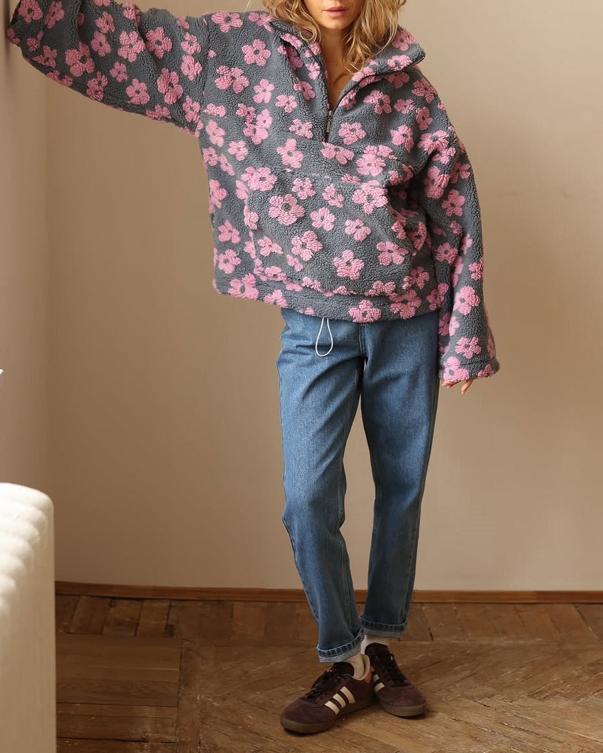 Faux Sherpa Print Kangaroo Pocket Loose Zip Top