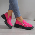 Round toe square heel candy pink leather shoes