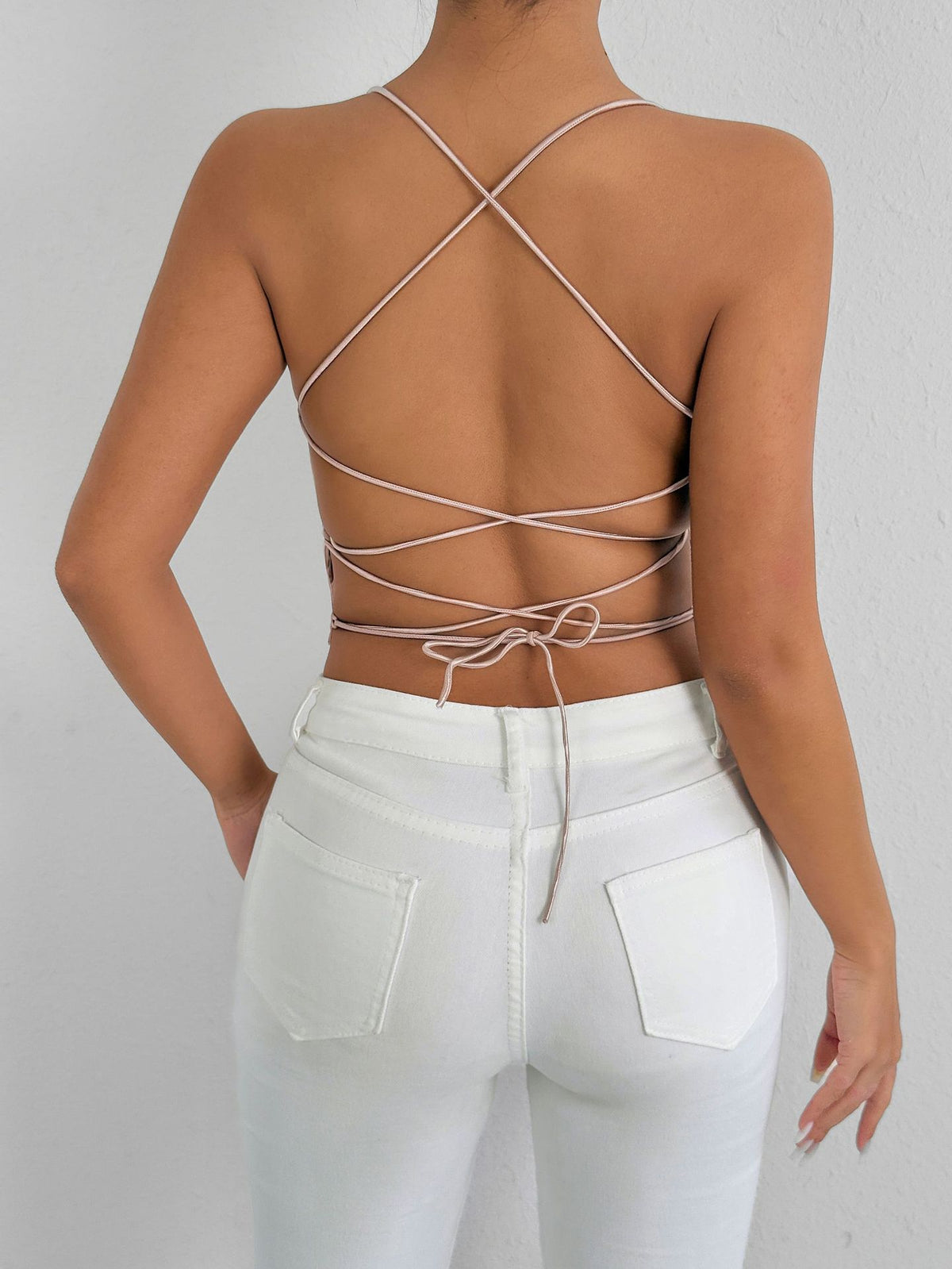 Champagne Lace-Up Backless Camisole Top