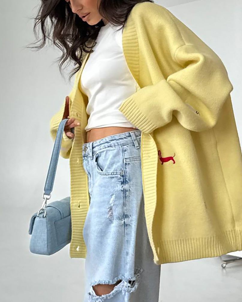 Single-breasted dachshund embroidered loose knit jacket