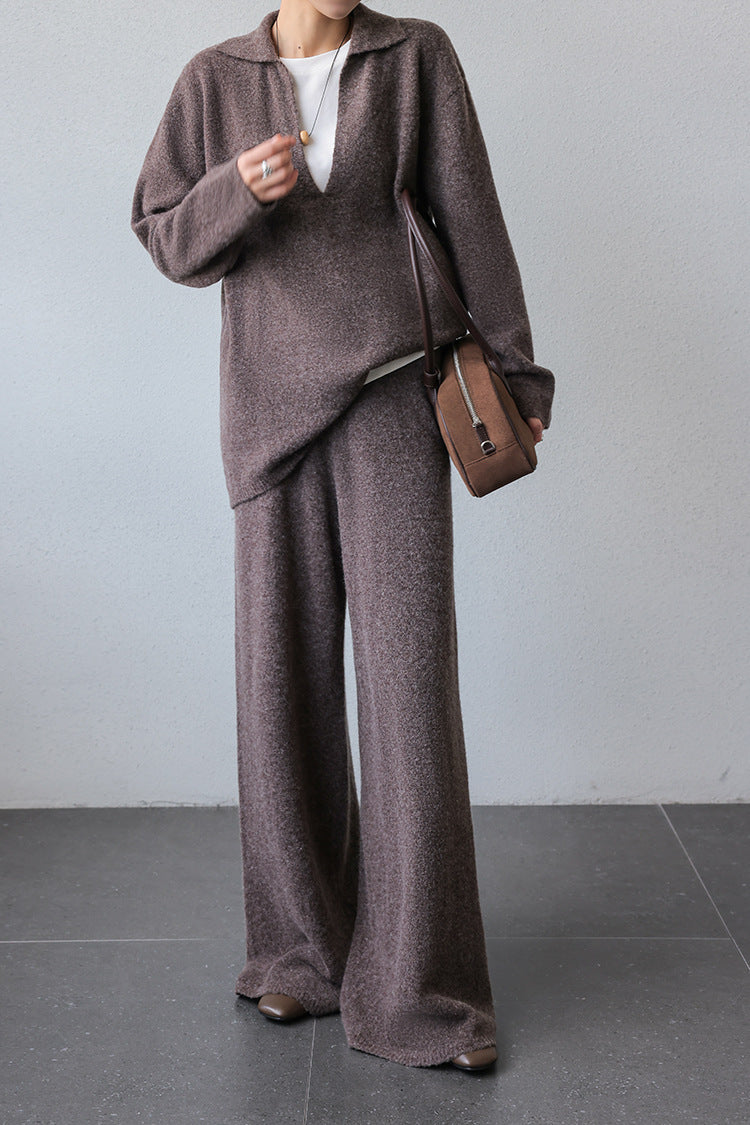 Thickened V-neck loose knitted sweater wide-leg pants two-piece set