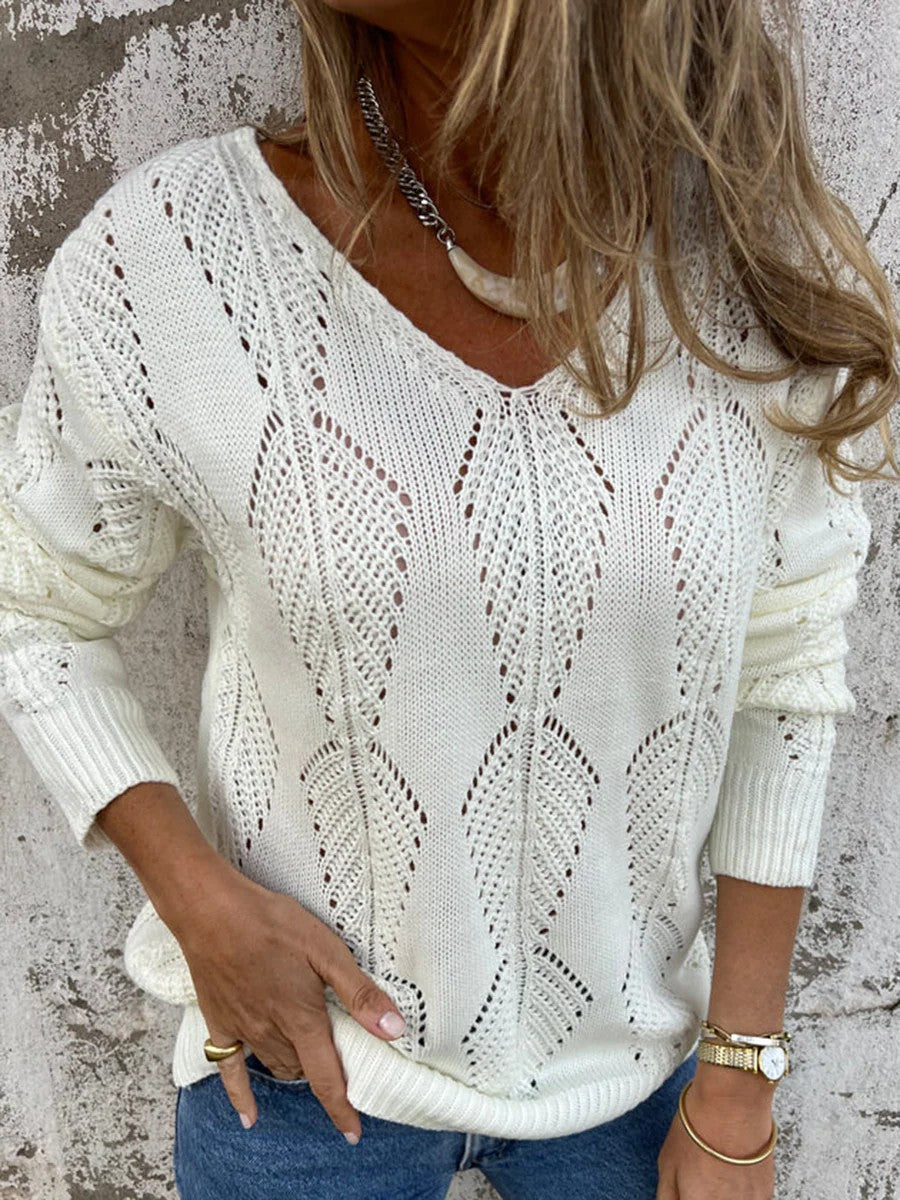 Reversible hollow leaf pattern V-neck long-sleeved knitted sweater