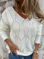 Reversible hollow leaf pattern V-neck long-sleeved knitted sweater