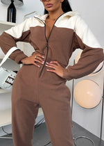 Color-blocked zipper fleece long-sleeved hooded jumpsuit