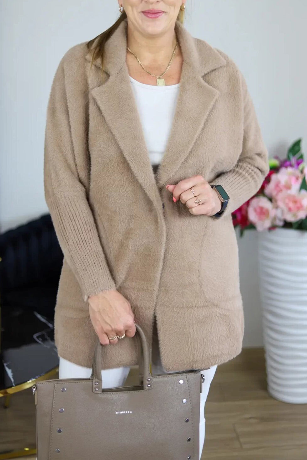 Suit collar elastic cuffs mid-length plush coat