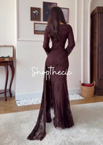 Abito lungo aderente con scialle in pizzo marrone Eroded Glamour