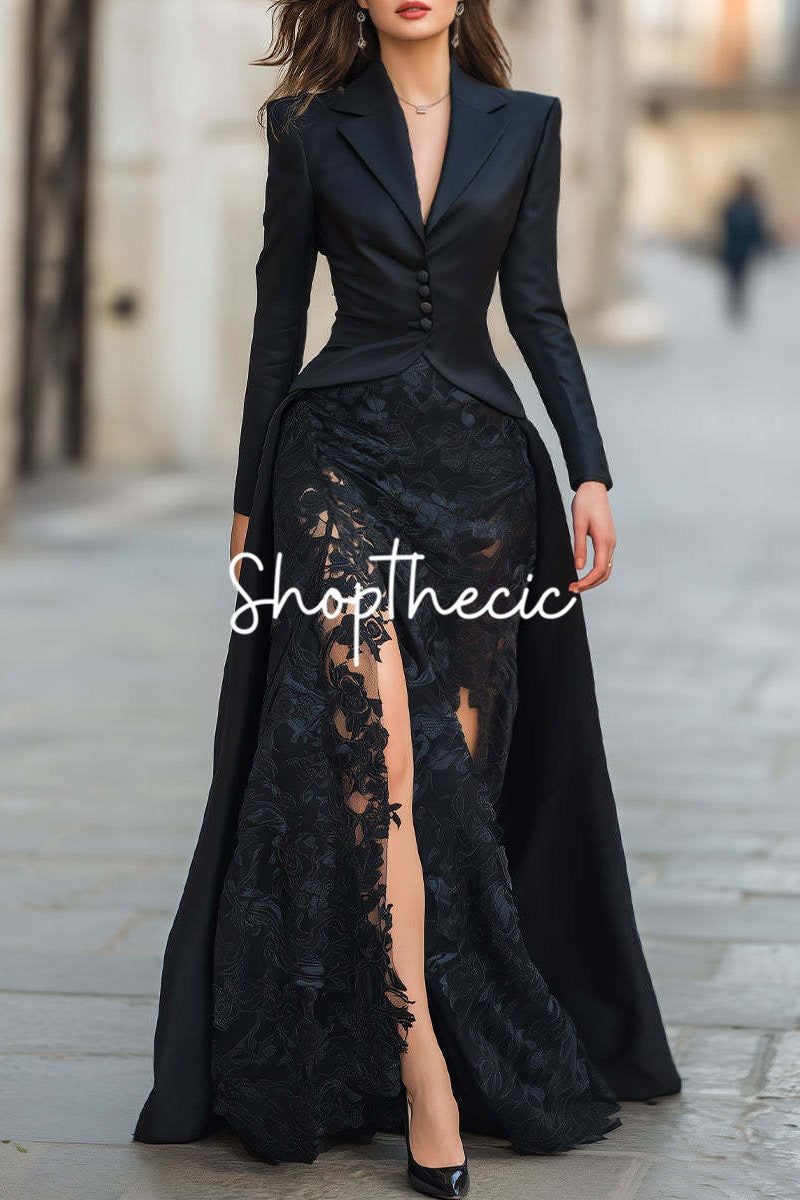 Black long swallowtail suit jacket and lace skirt set