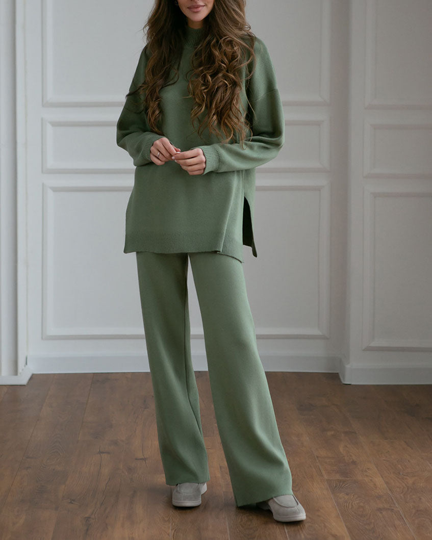 Einfarbiges Strickpullover-Set mit Rollkragen und Schlitz