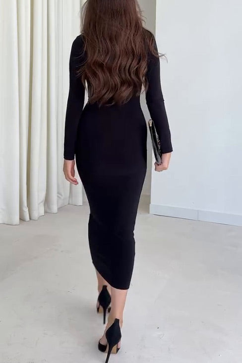 Solid color long sleeve high collar exposed waist hip slim dress