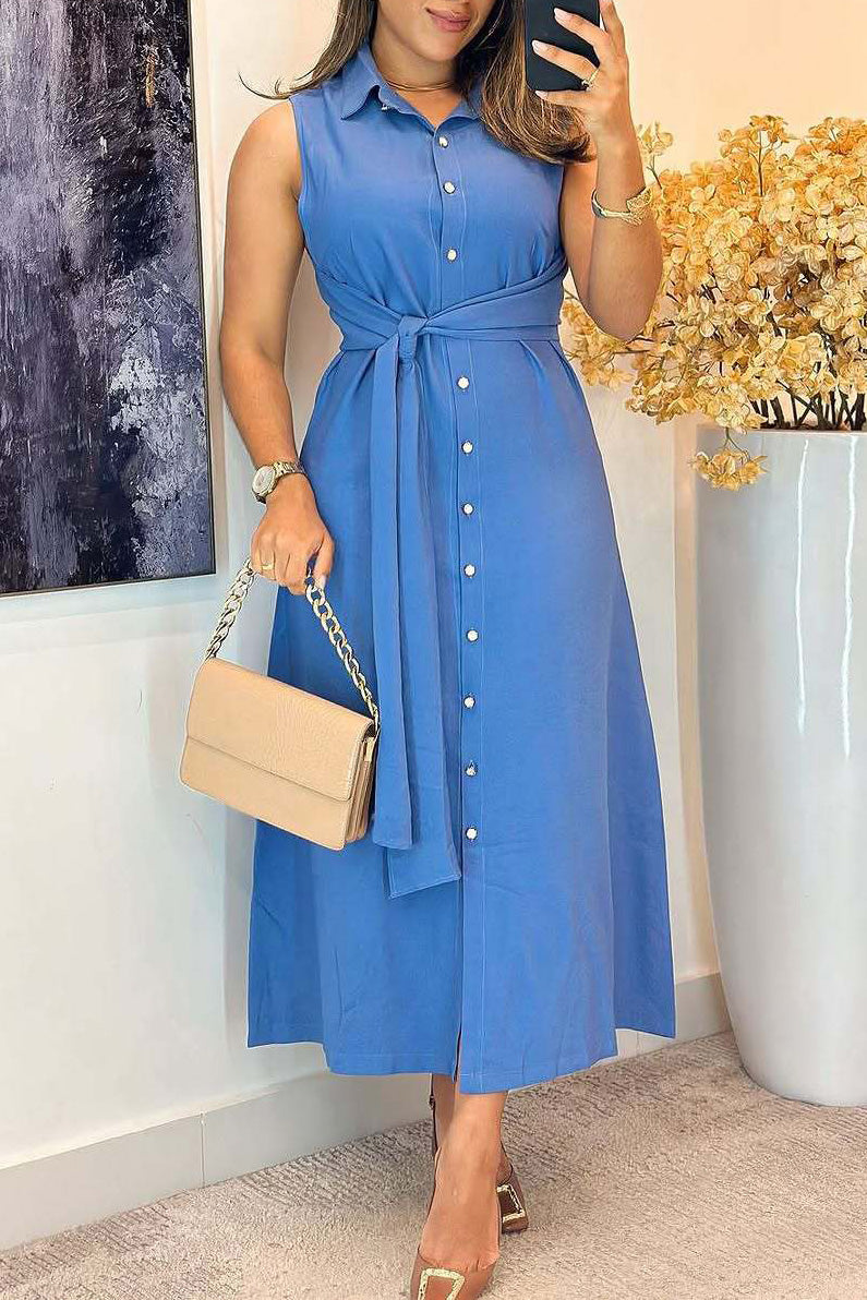 Sleeveless Belted Button-Up Midi Shirt Dress