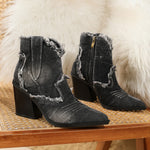 Distressed frayed denim chunky heel ankle boots