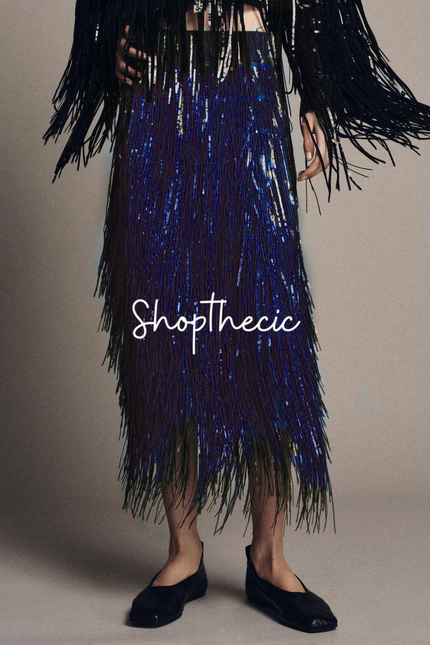 Tassel cuffs Shirt and sequined tassel skirt Two-piece set