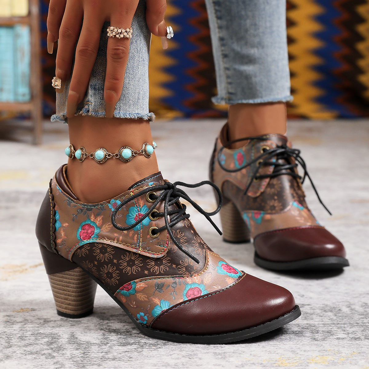 Retro ethnic thick high heels ankle Martin boots