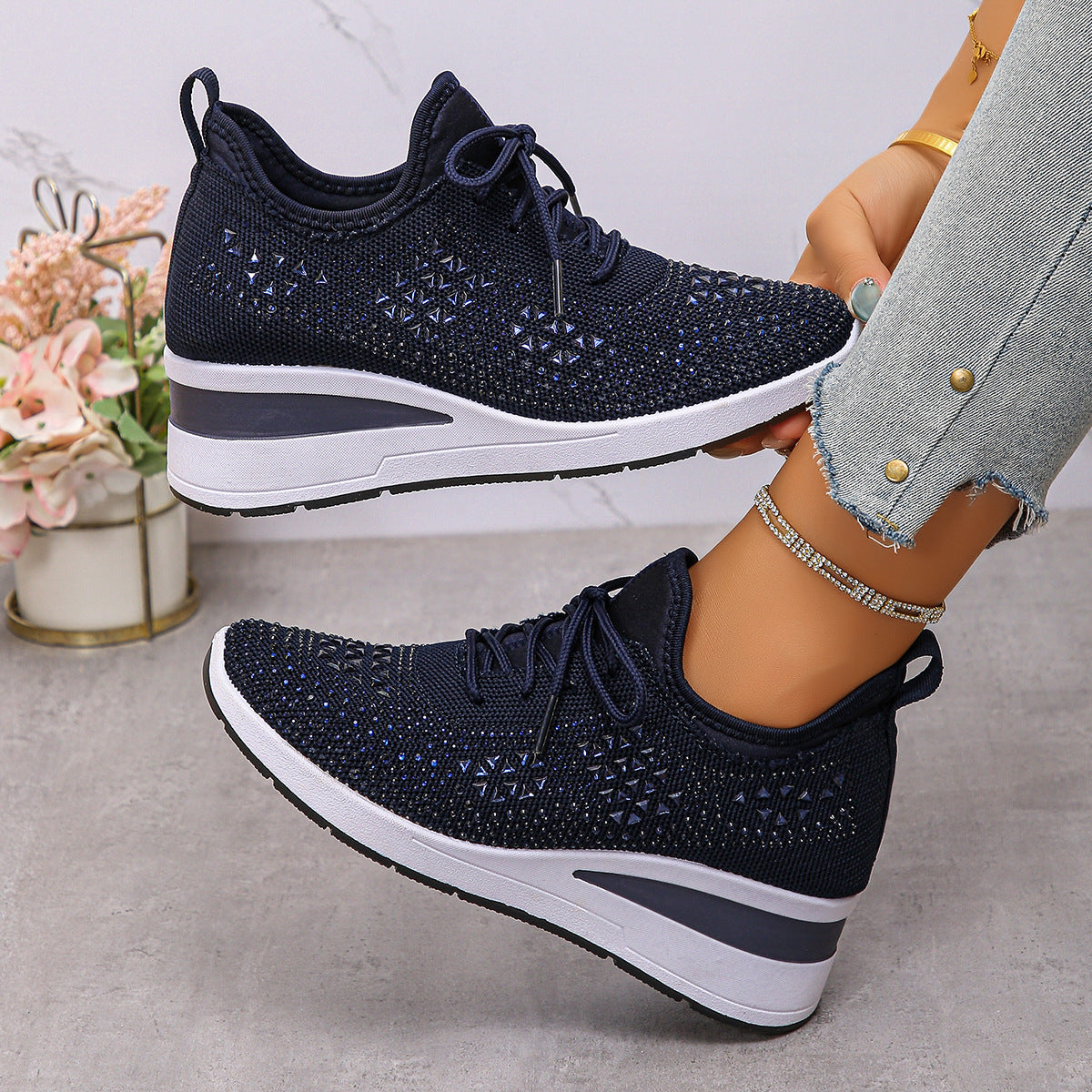 Rhinestones Woven Upper Hidden Heel lightweight walking shoes