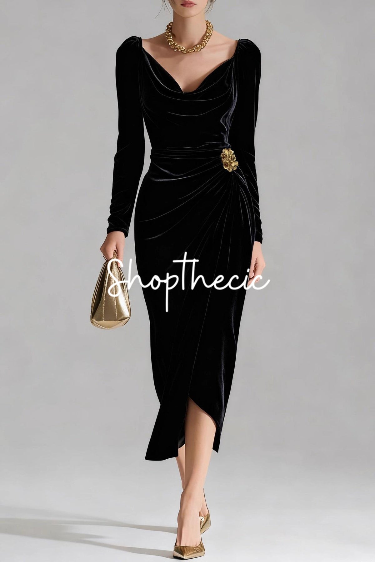 Retro long-sleeved pleated velvet slits midi dress