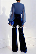 Elegant blue mesh V-neck top and velvet wide-leg jumpsuit